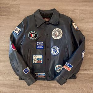 1970s Vintage Navy Leather Motorcycle Mechanic Patch Jacket